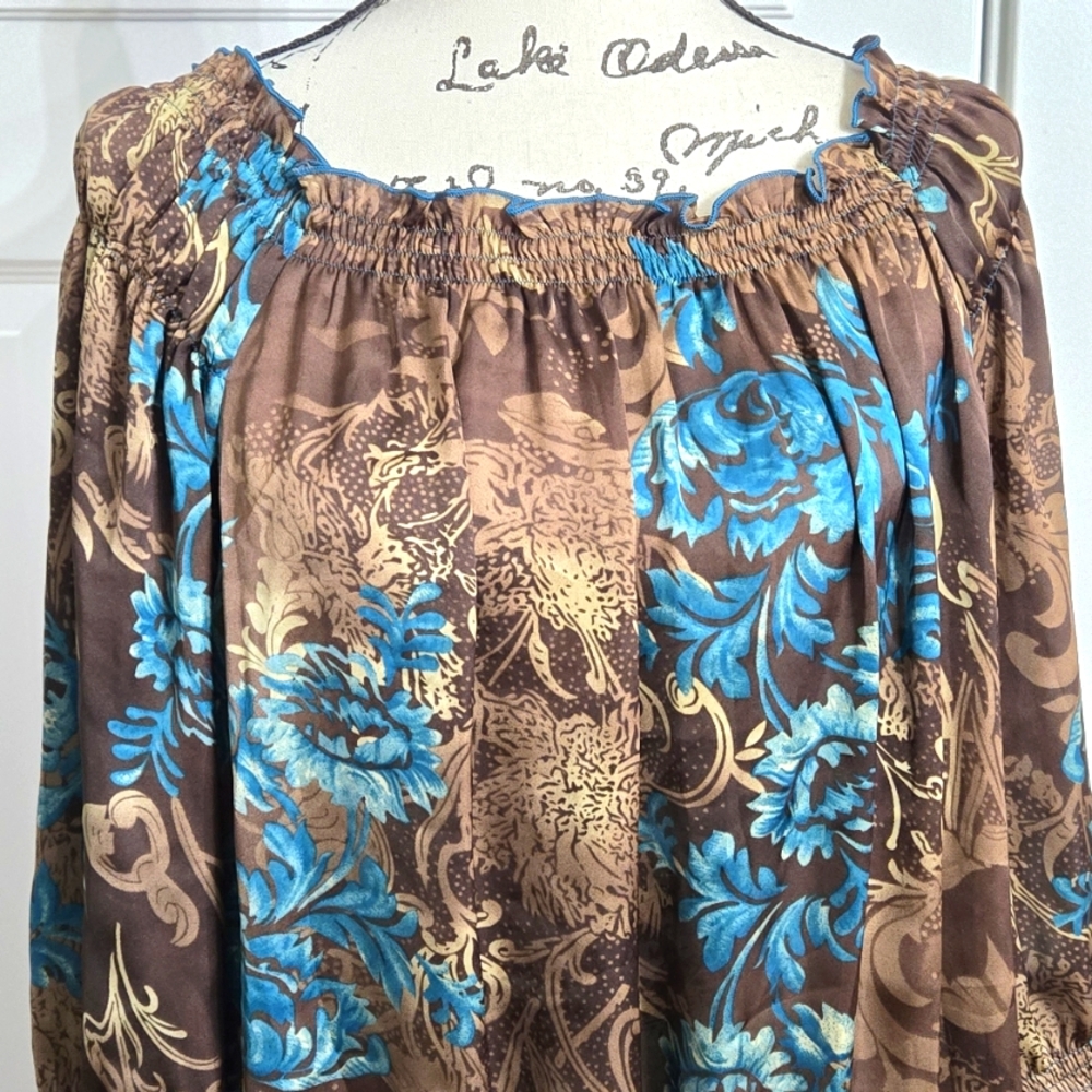 Dressbarn Satin Floral Blouse Brown Blue Paisley Cottagecore 3/4‎ Sleeve Sz 1X - Picture 5 of 11